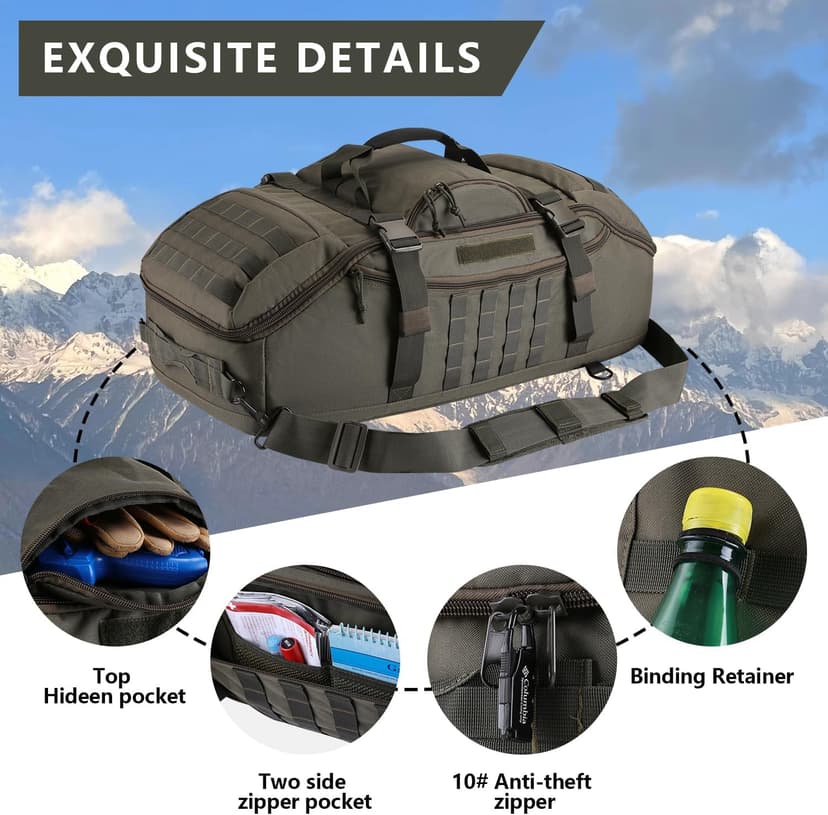 Hannibal Tactical 65L Large Duffle Bag, 3-in-1 Tactical Backpack MOLLE Pack for Sports, Gym, Outdoor, Olive Green