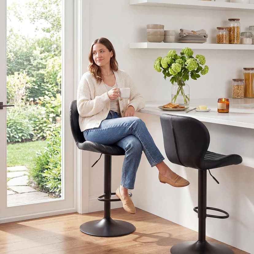 GRUSIGN Bar Stools Set of 2, Modern Swivel Adjustable Bar Chairs, Faux Leather Upholstered Counter Height Bar Stools with Backrest, Comfort Barstools for Kitchen Island, Home Bar, Black