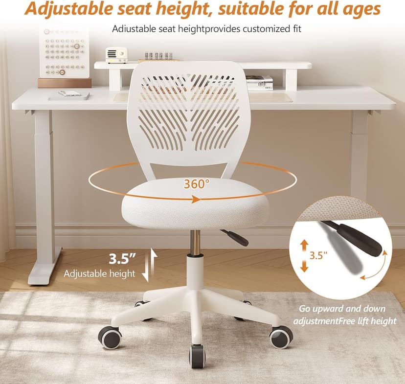 JPBSTO Armless Desk Chair, Height Adjustable Swivel Office Rolling Task Chairs with Soft Mesh Padded Cushion, Ergonomic Small Study Computer Chair for Girls Boys Teens (White, 1PC)