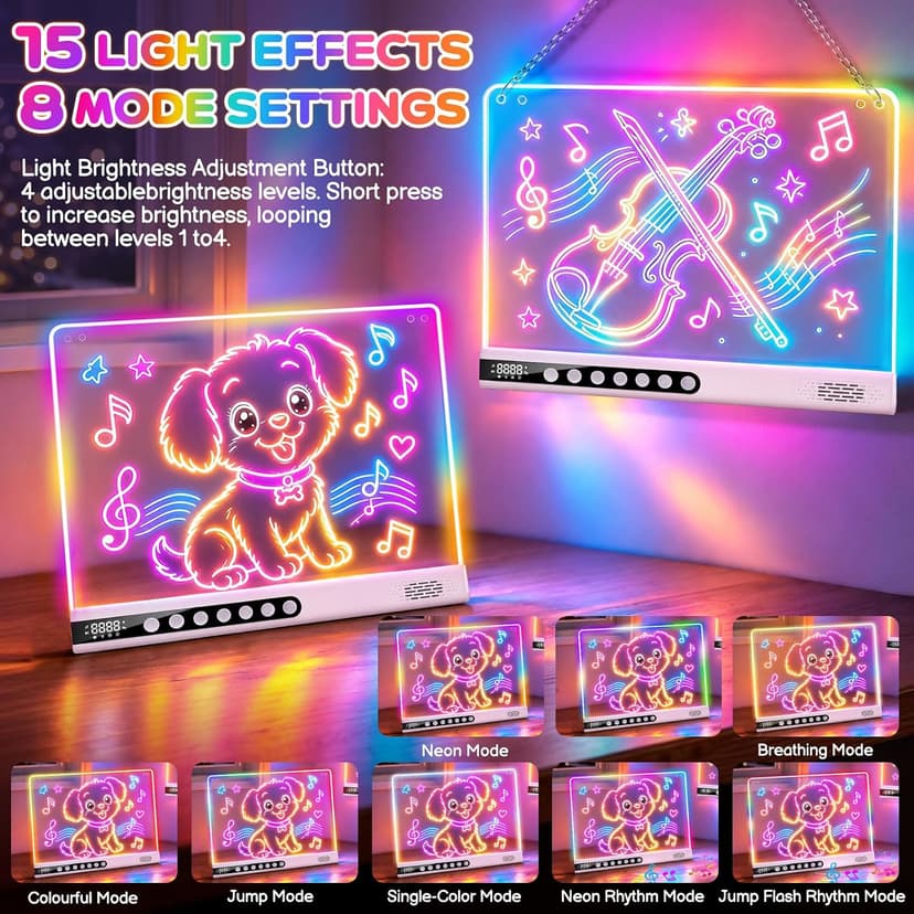 8 Colors, 8 Modes, 15 Light Effects with Music & Blue-Tooth, Doodle Neon Glow Pad Toys Gift for Girls/Boys/Kids 16" Rechargeable LED Drawing Board, Kids Birthday Christmas Gift B0GT9HHRJJ