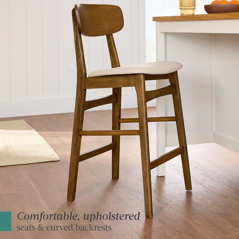Best Choice Products Bar Stool Set of 2, Modern Farmhouse Counter Height Stools w/Upholstered Cushioned Seat, Wooden Curved Backrest - Walnut/Cream