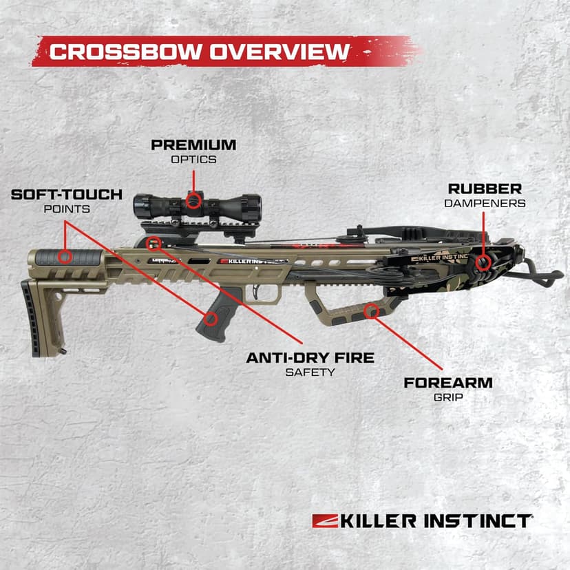 Killer Instinct LTL 405HD Crossbow Bundle, 405 FPS Compact Crossbow with Lumix 4x32 Scope, Anti Dry Fire Safety, Rope Cocker and 2 Carbon Bolts, Hunting Crossbow Kit