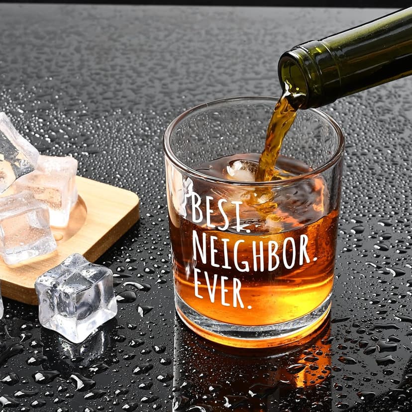 Futtumy Best Neighbor Ever Whiskey Glass, Farewell Gifts for Neighbors, Moving Away Housewarming Goodbye Welcome Appreciation New Neighborhood Novelty Christmas Gift, 10 Oz Old Fashioned Glass