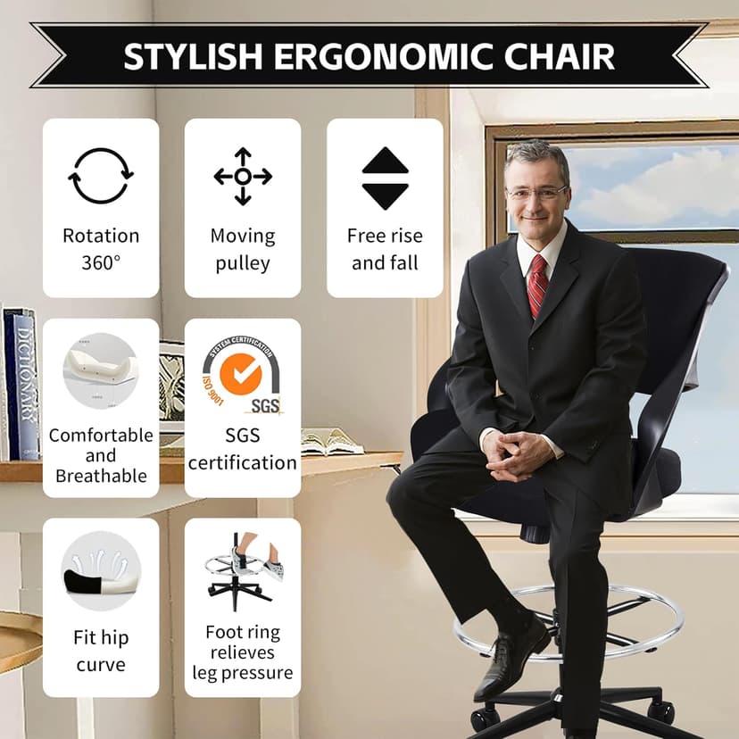 Ergonomic Drafting Chair,Standing Computer Desk Chair,Foot Ring,Lumbar Support,Swivel Task Chair-Black