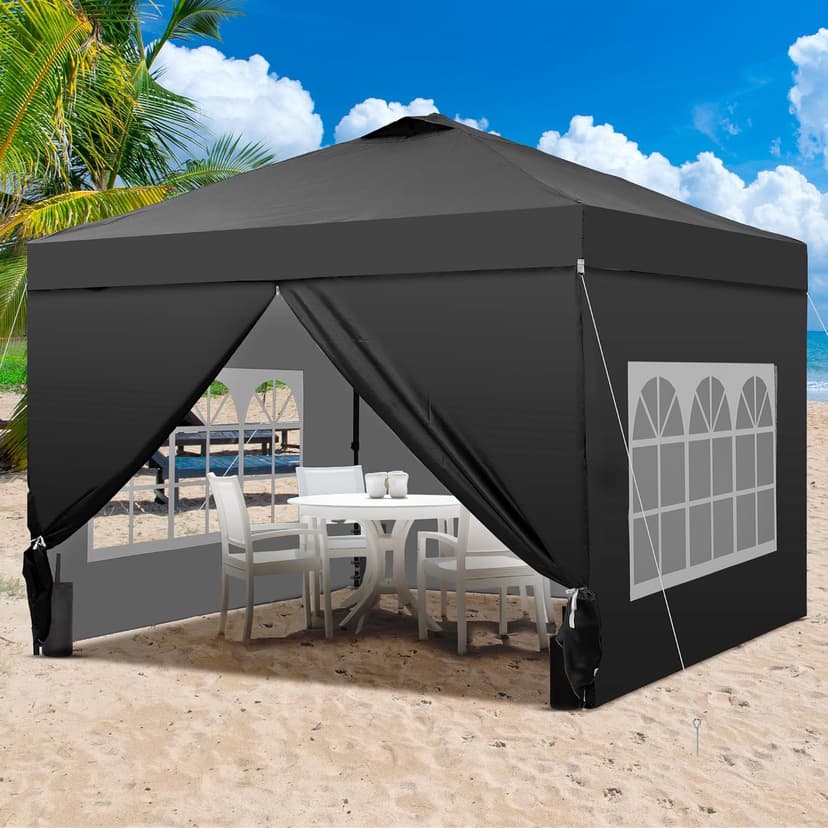 GDY 10x10 Pop Up Canopy Tent with 4 Sidewalls, Easy Set up with One Push Lift Outdoor Silver Coated Beach Gazebos, Carpas with 4 Sandbags, for Events, Parties,Camping, Black.