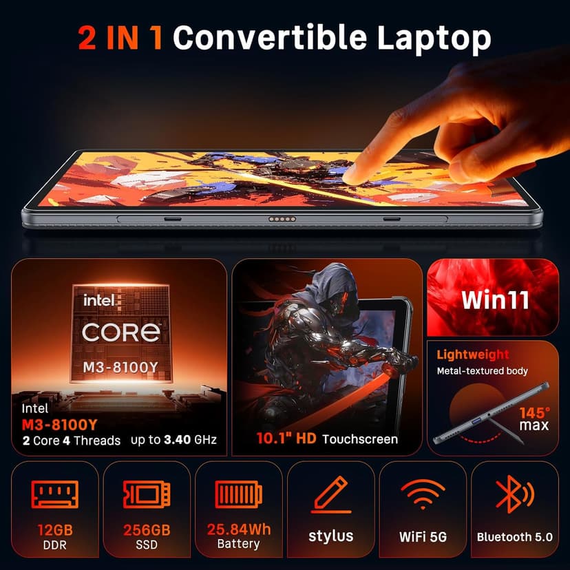 Tylvx 2-in-1Tablet Computer, 10.1" Touchscreen Tablet PC with Stylus and Case, Intel m3 8100Y up to 3.4GHz, 12GB RAM 256GB SSD, Win 11,for Home, Business, Students, Digital Sketching(Without Keyboard)