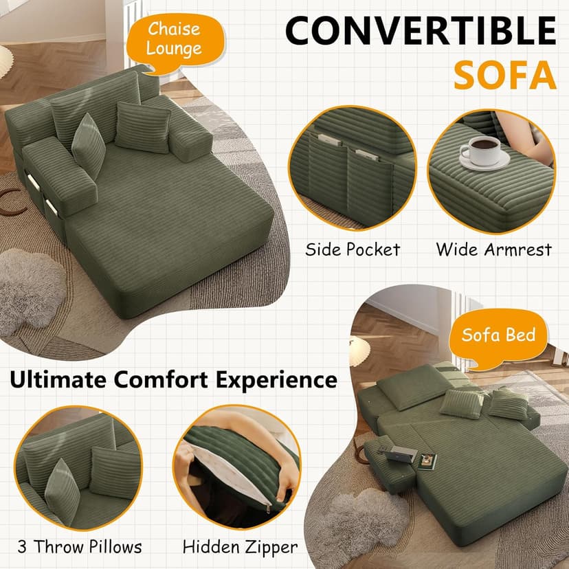 HRVEOCEI 60 Inch Oversized Chaise Lounge Chair Indoor, Corduroy Boneless Chaise with Armrests & Backrest /2 Pockets /3 Pillows, Lounge Sofa Bed for Adults Living Room (Green)
