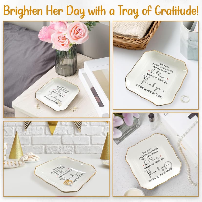 OASSIE Thank You Gifts for Women - 4"x4" Ceramic Jewelry Dish Tray - Birthday Appreciation Inspirational Gifts for Women Coworker Teacher Friends Employee