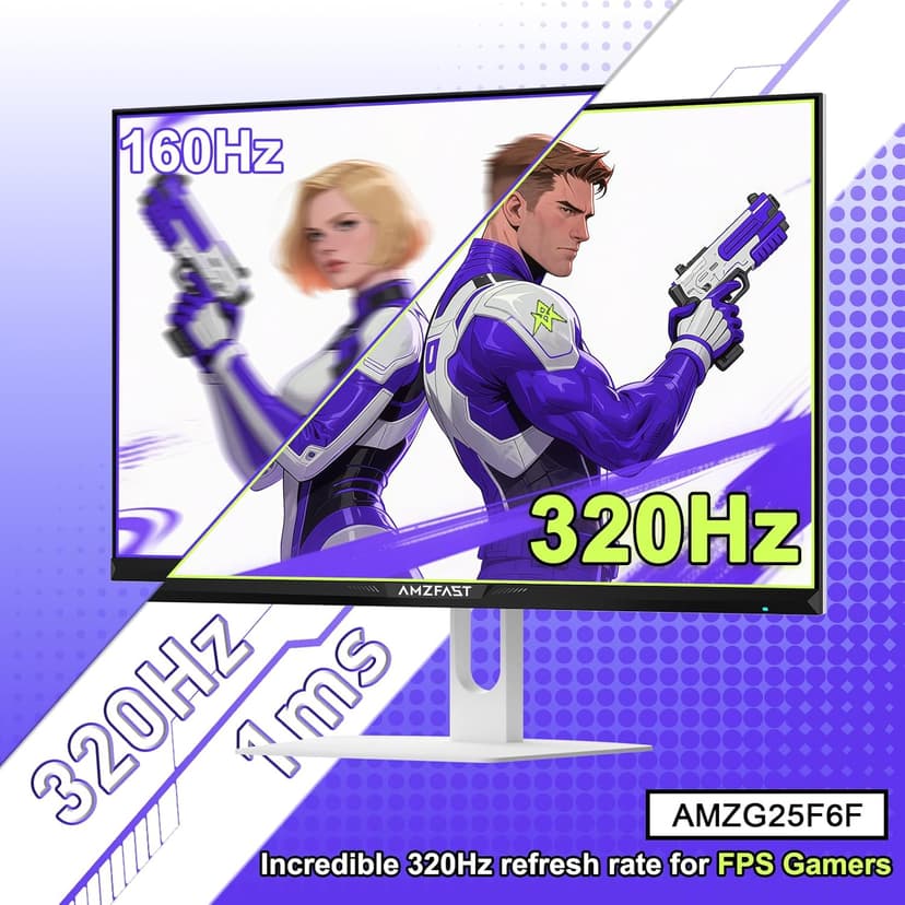 Amzfast 25 Inch White Gaming Monitor 320Hz/300Hz/240Hz, FHD 1080P 1ms Fast IPS Monitor, 12 Months Warranty Exchange (DP Cable) TÜV Rheinland Eye Care | AI Crosshair, Night Vision Function
