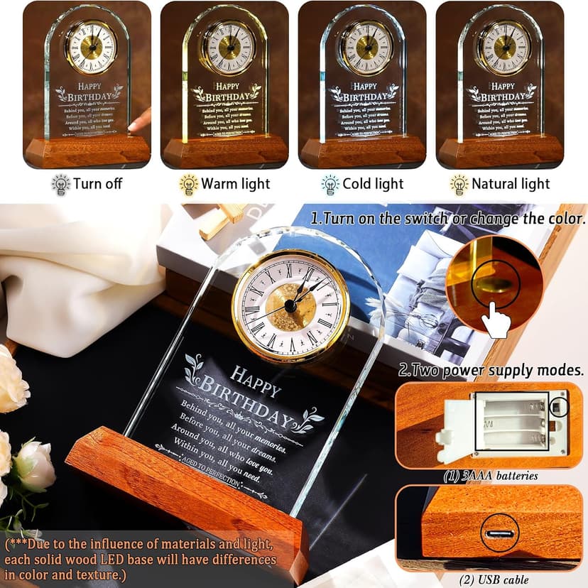 with Wooden LED Light Base, Happy Birthday Keepsake, for Woman Man Her Him Mom Dad Friend, Home Decor Ornalrist Happy Birthday Gifts for Men Women Glass Quartz Clock Keepsake B0GR57JH79