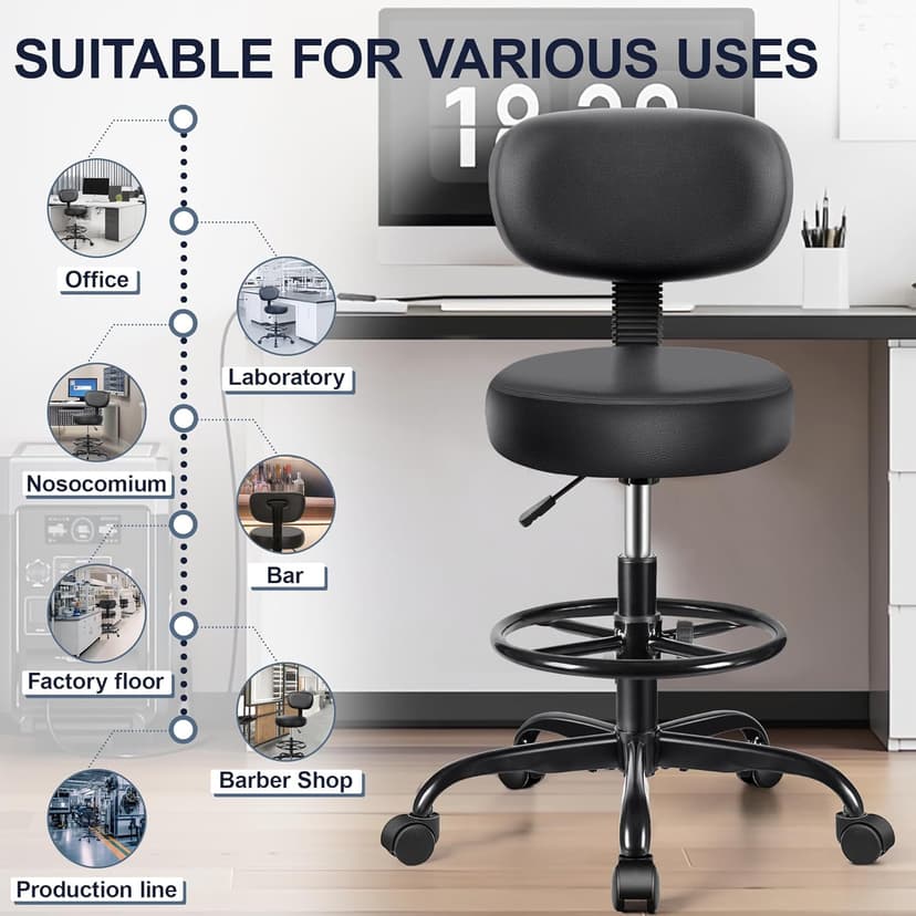 Brick Attic Drafting Chair with Backrest – Adjustable Foot Rest Rolling Stool with Wheels, PU Leather Swivel Stool for Office Spa Studio Lab Counter Salon Home Work Bar Kitchen Shop(Black)