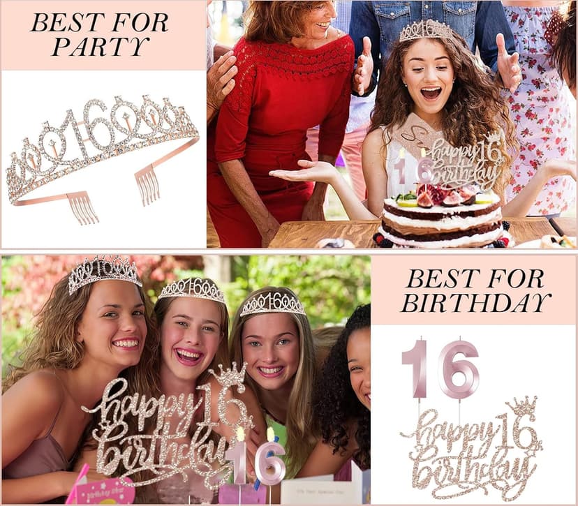Sweet 16 Birthday Party Decorations for Girls, Sweet 16 Sash and Tiara, Cake Toppers, Number Candles and Balloons, 16th Birthday Gifts for Girls