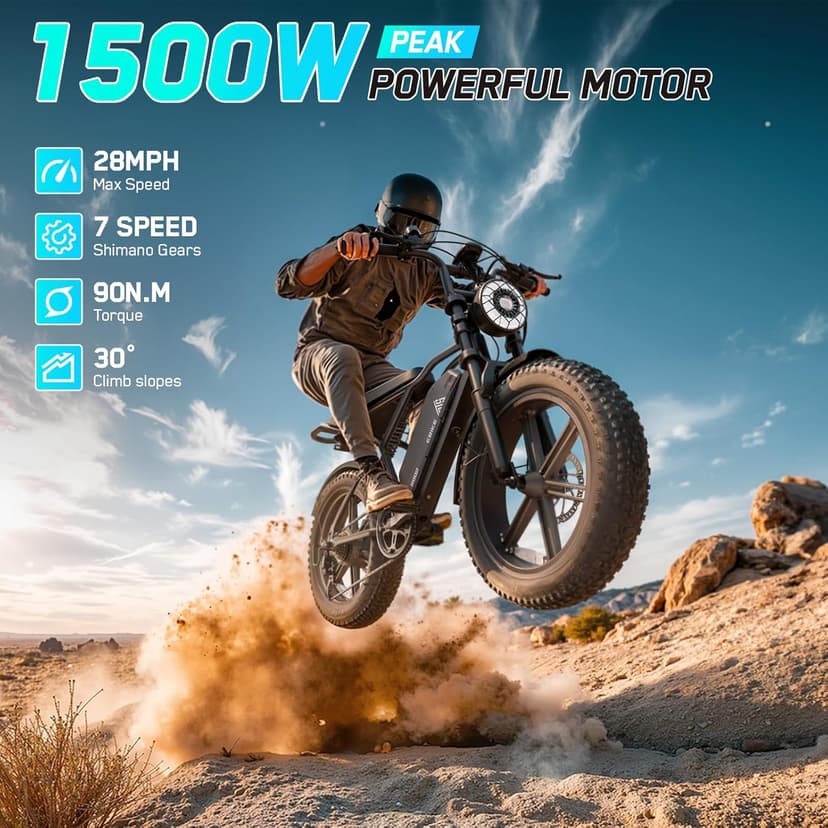 TST Electric Bike for Adults, 1500W Peak Motor 28 MPH 60/100 Miles Fat Tire Ebike with 48V 15Ah/25Ah Removable Battery 20" Electric Dirt Bike Hydraulic Suspension and 7-Speed