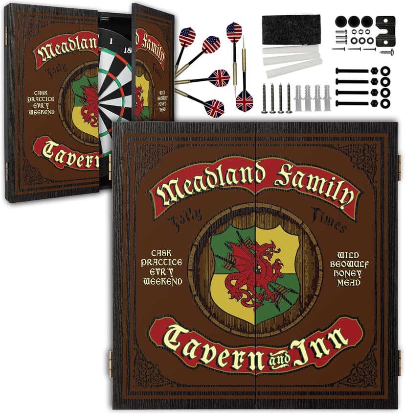 Personalized Dart Board Cabinet Set with 6 Steel Tip Darts, Paper Dartboard, Chalk & Eraser (21.5 x 21.5 x 2.75) - Man Cave Dart Boards for Adults