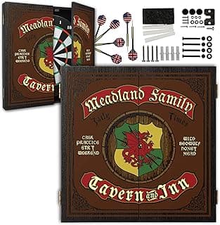 Personalized Dart Board Cabinet Set with 6 Steel Tip Darts, Paper Dartboard, Chalk & Eraser (21.5 x 21.5 x 2.75) - Man Cave Dart Boards for Adults