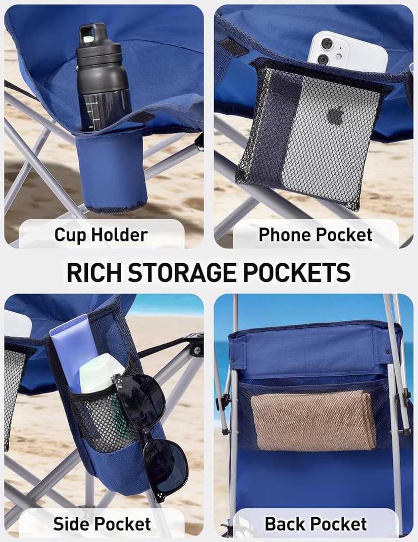 East Oak Oversized Camping Chair with Canopy | 400 LBS Heavy Duty Folding Beach Chair with Canopy Shade, Roomy Seat, Full Sun Protection, Ample Storage | Canopy Chair for Outdoors