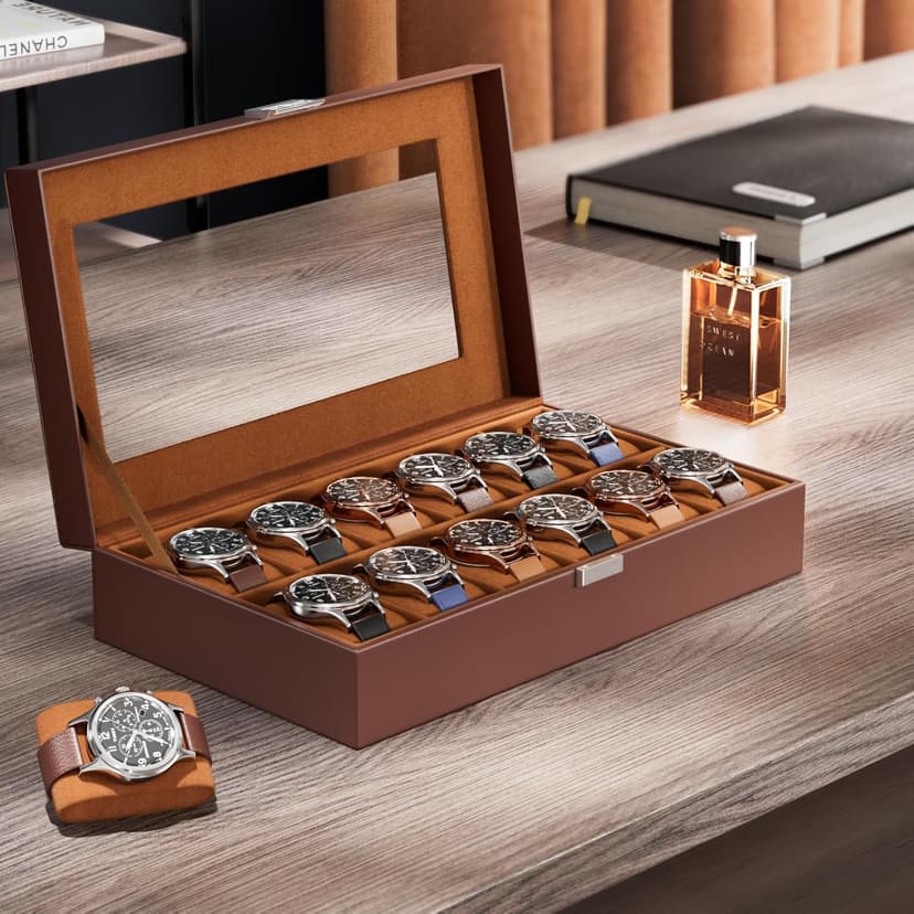ProCase ProCase Watch Box Organizer, 12 Slot Watch Display Case With Glass Lid, Watch Storage Holder Mens Watch Case, Anniversary Birthday Valentine Gifts for Men Women -12 Slot, Brown