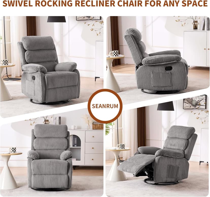 Plush Premium Velvet 360° Swivel Rocker Recliner Chair - High Back Glider with Generous Footrest, Supportive Armrests & Side Pocket for Nursery, Living Room & Small Spaces Grey