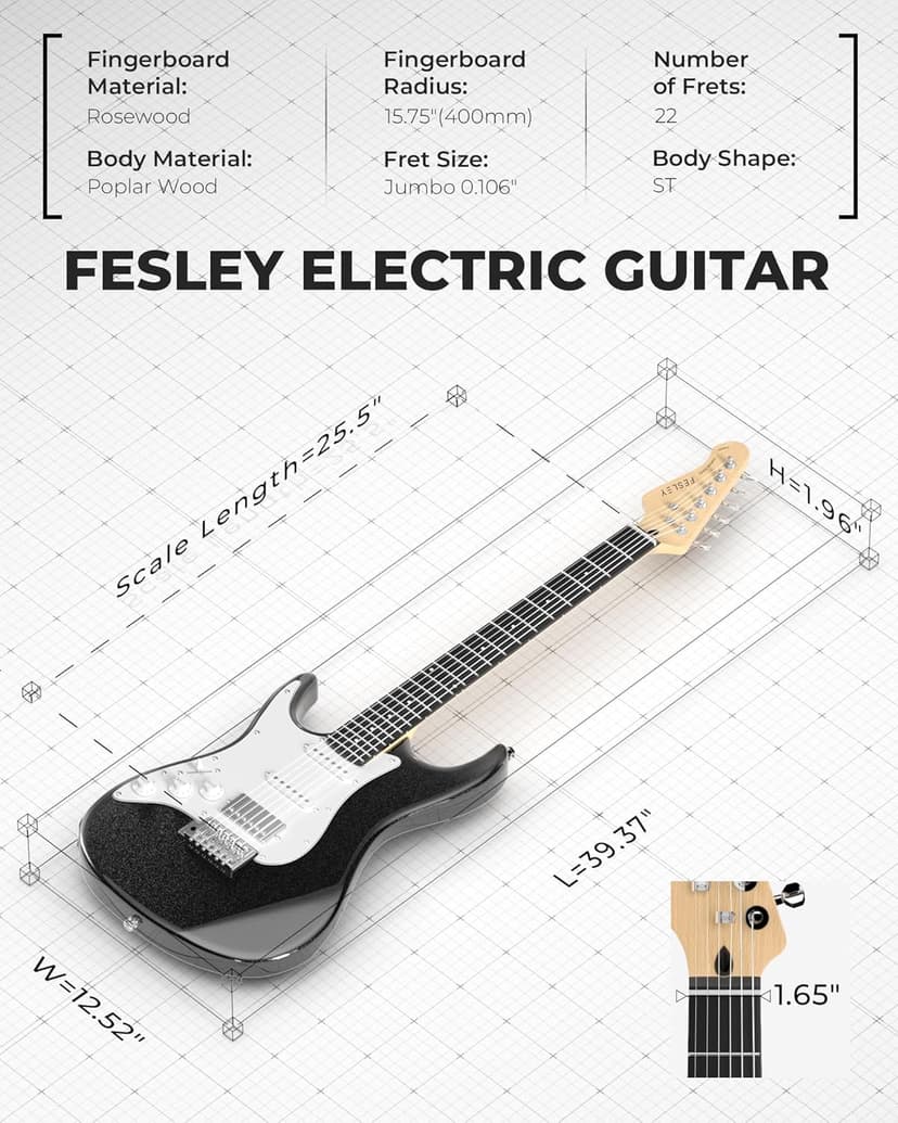 Fesley Left-Handed Electric Guitar: 39" Full Size Beginner Electric Guitar Kit, HSS Pickup, Solid Body Guitar Starter Set with Amplifier, Bag, Strap, String, Cable, FST100L, Black