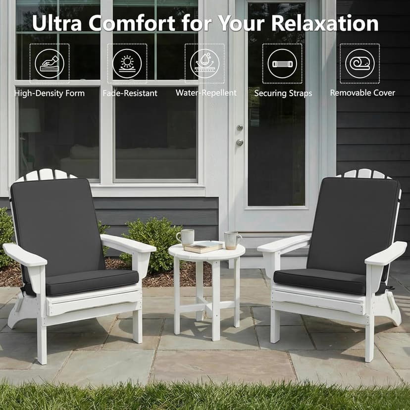 Outdoor Adirondack Chair Cushions Set of 2 - Removable Covers, Water-Repellent, Fade-Resistant, Non-Slip Bottom & Securing Straps, Universal Fit for Most Adirondack & Rocking Chairs - Dark Grey