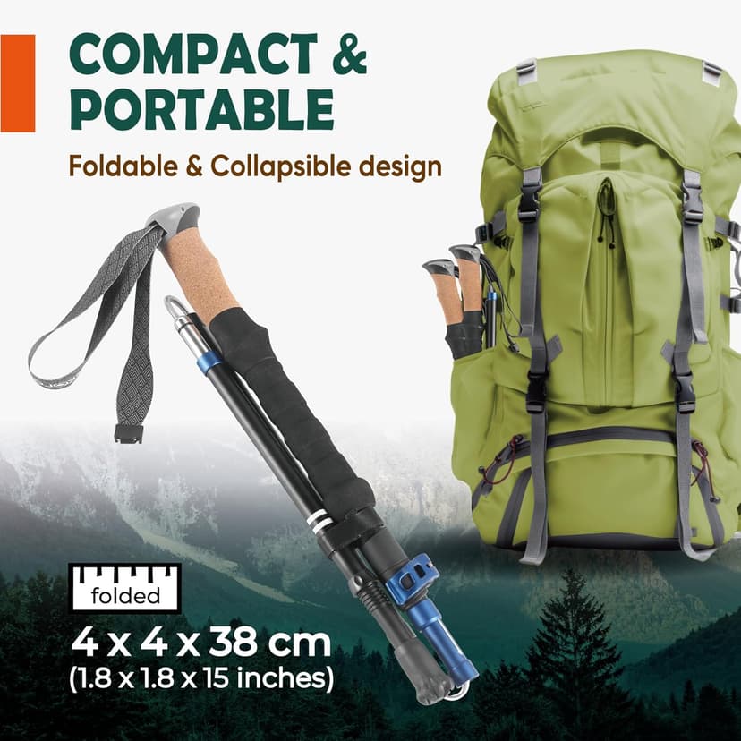 TREKOLOGY Trek-Z Cork Grip Trekking Poles – Lightweight Folding Hiking Poles, Adjustable Height, Compact Travel Design, Aircraft-Grade Aluminum Walking Sticks for Men & Women