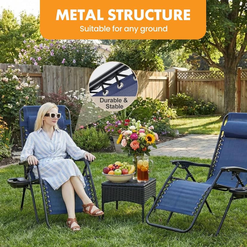 Zero Gravity Chair Set of 2, Adjustable Folding Reclining Lounge Chairs with Mesh Back, Adjustable Pillows & Cup Holder Trays, Outdoor Patio Lawn Chairs for Pool, Beach & Camping, Blue