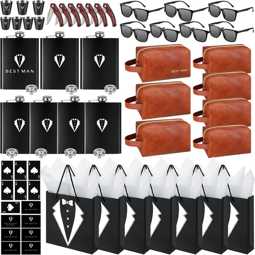 Complete Groomsmen Proposal Gift Set for Wedding with Flasks Shot Glasses Toiletry Bags Sunglasses Gift Cards and Bags Rigibright 70 Pcs Groomsmen Gifts Set of 7 for Wedding Best Man Gift B0DNW32F5Z