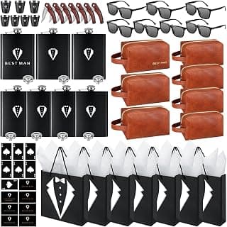 Complete Groomsmen Proposal Gift Set for Wedding with Flasks Shot Glasses Toiletry Bags Sunglasses Gift Cards and Bags Rigibright 70 Pcs Groomsmen Gifts Set of 7 for Wedding Best Man Gift B0DNW32F5Z