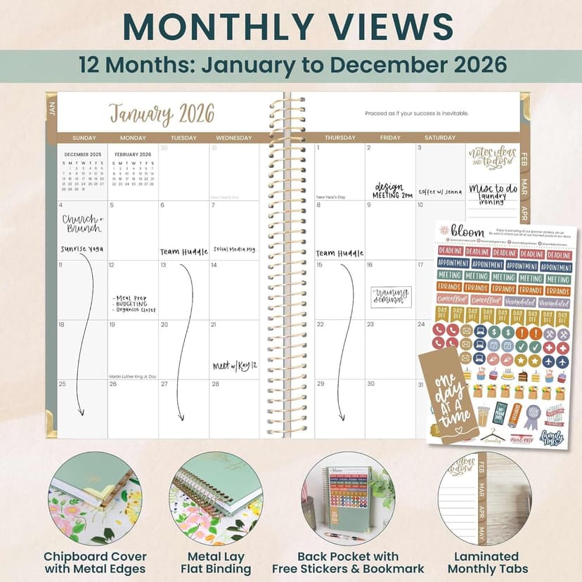bloom daily planners HARDCOVER 2026 Planner (January to December) - A5 Task Goal Planner for Women - Monthly & Weekly Inspirational Agenda Book - 5.5" x 8.25" - Linen, Green