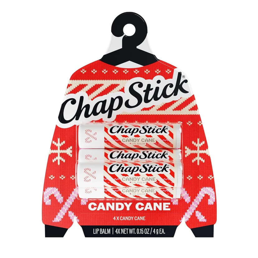 0.15 oz Each, Limited Edition Seasonal Stocking Stuffer, Peppermint Flavored, 24 Hour Moisture to Hydrate Dry, Chapped Lips ChapStick Candy Cane Flavored Lip Balm Sticks, Holiday Gift Set, 4-Pack B0GCQKBZMC