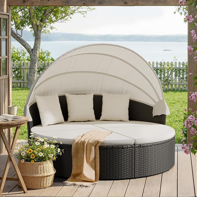 Devoko Patio Furniture Outdoor Round Daybed with Retractable Canopy Wicker Rattan Separated Seating Sectional Sofa for Patio Lawn Garden Backyard Porch