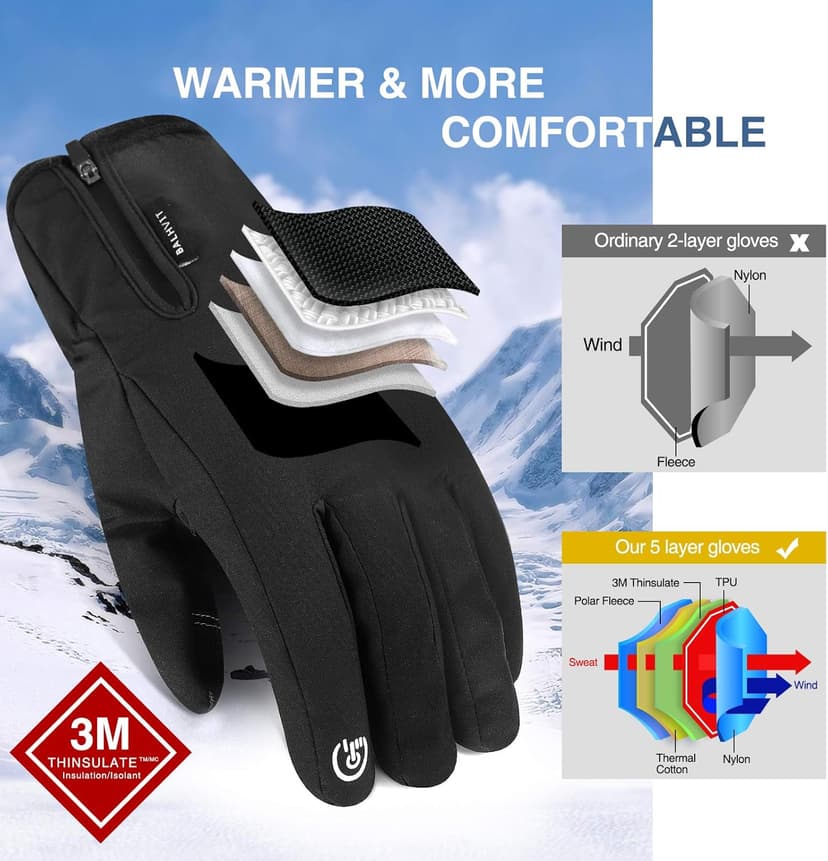 Balhvit 10℉ Waterproof Winter Gloves for Men & Women, 5-Layer Ski & Snow Gloves for Cold Weather, Breathable Warm Gloves with Touch Screen Fingers