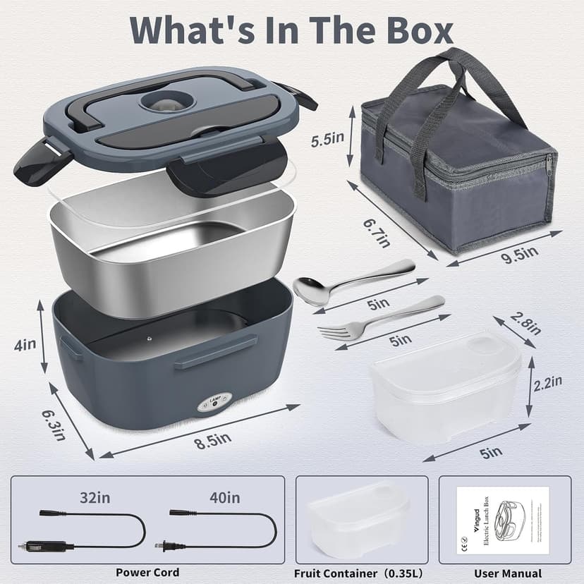 Vingud Electric Lunch Box for Adults, Heated Lunch Box Food Warmer, 80W 1.5L Portable Heating Lunchbox for Men/Work/Car/Truck, 12V 24V 110V Lonchera Eléctrica Portátil Christmas White Elephant Gifts B0C6GMBCP1