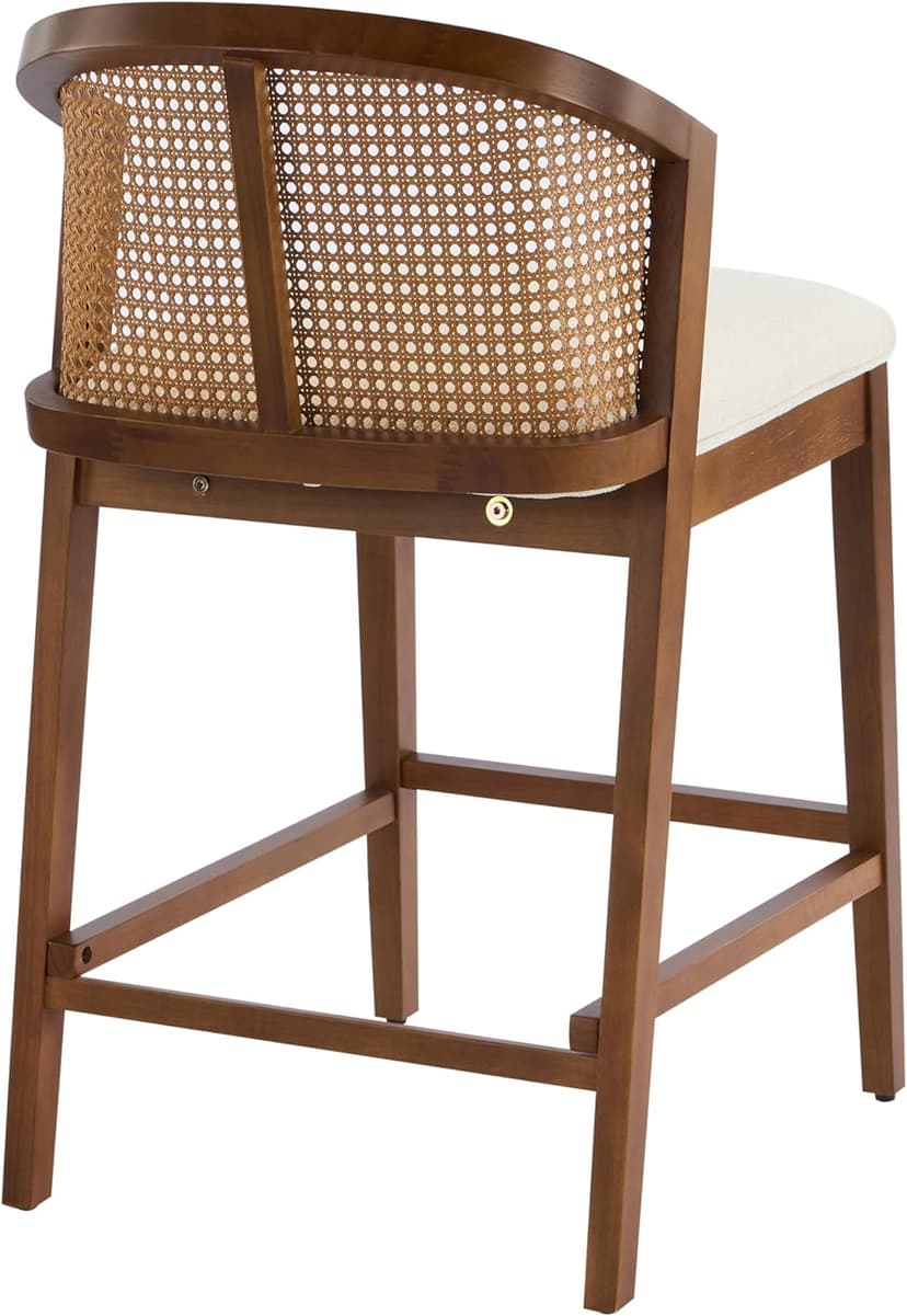 Christopher Knight Home JENA Rattan Counter Stools Set of 2, Counter Height Bar Stools for Bar Table, Rubberwood Frame with Upholstered Barstools, Wood Accent Chair with Footrest, Beige + Walnut