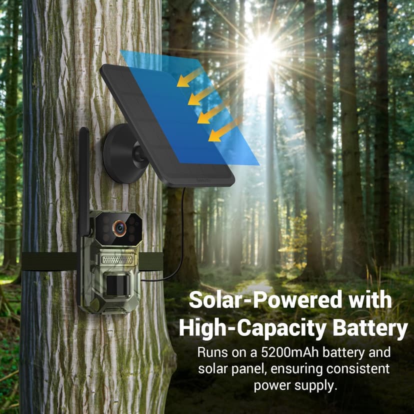4G LTE Cellular Trail Camera with Solar Panel, 1080p Full HD Game Cameras, Live View, Night Vision, Motion Detection, 2-Way Talk, IP65, Built-in SIM Card, Unlimited Plan (Sold Separately)