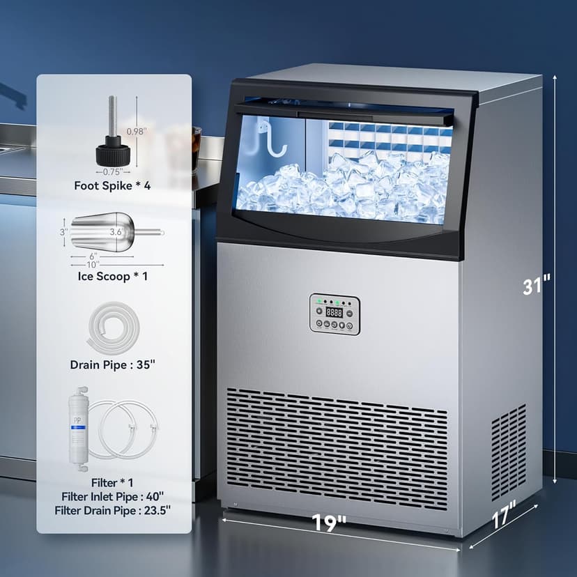 Tehanld Commercial Ice Maker Machine, 110LBS/24H with 33LBS Large Storage Capacity, 50 Ice Cubes/15 Mins, Ice Machine with Self-Cleaning & Water Filter, Under Counter & Freestanding for Home, Bar