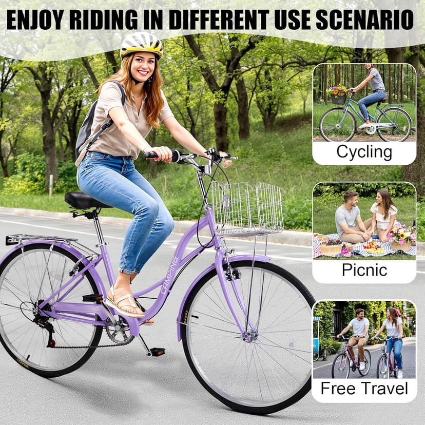 26" Cruiser Bike Commuter Bike 7 Speed Women's Bicycle Beach Cruiser with Ergonomic Upright Design, Adjustable Saddle, Dual Fenders & V Brake and High Carbon Steel Frame