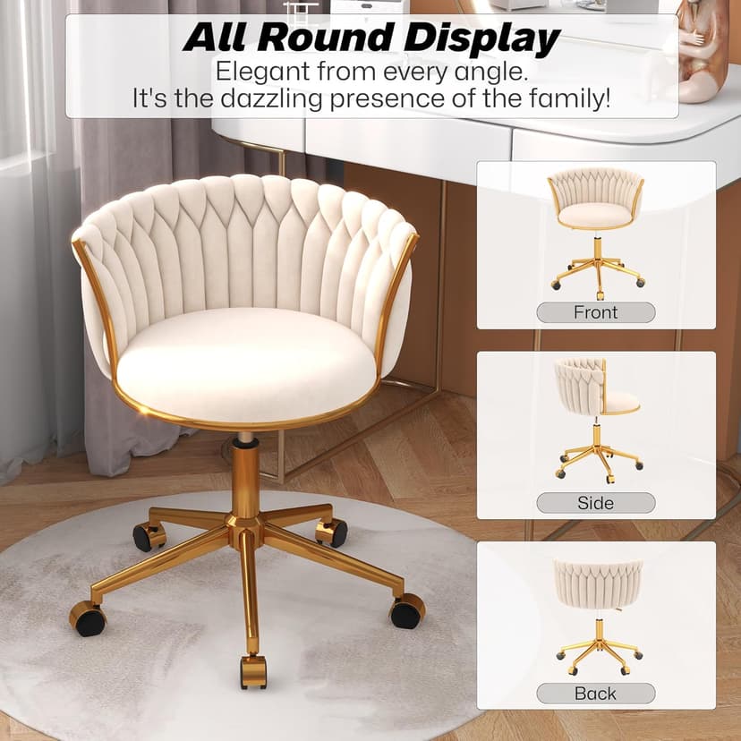 HENGJIANYI Velvet Woven Home Office Chair, Modern Swivel Desk Chair with Wheels, Height Adjustable Vanity Chair with Gold Metal Base and Hand Weaving Back, Beige