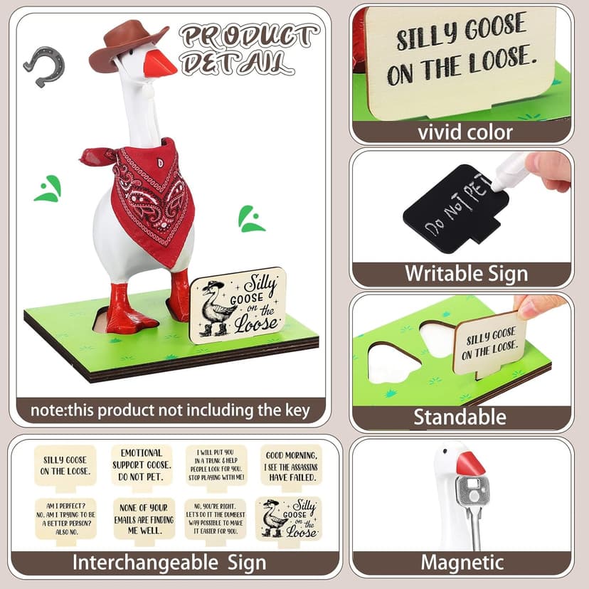 28 Pcs 7" Magnetic Goose Key Holder Cute Resin Goose Statue with Cowboy Hats Bandanas Writable Interchangeable Signs Chalk for New Apartment Housewarming Gifts Office Table Desk Home Decor