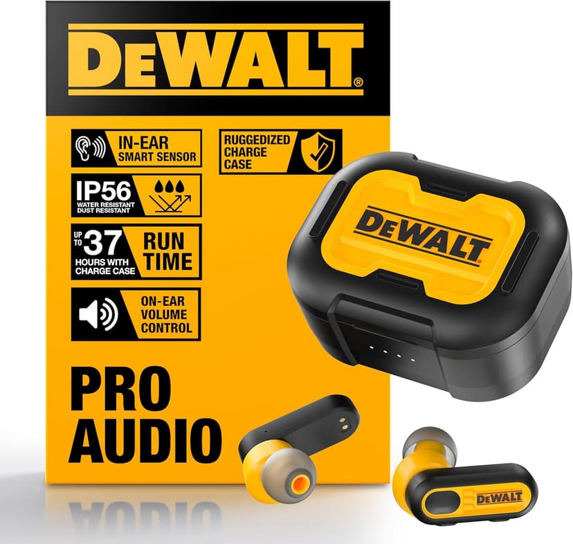 DEWALT Heavy Duty True Wireless Ear Buds, Bluetooth Headphones with Type C Charging Case Included, Over 37 Hours of Battery Life, Easy Setup for iPhone, Perfect for Jobsite, Outdoor Work, Yellow
