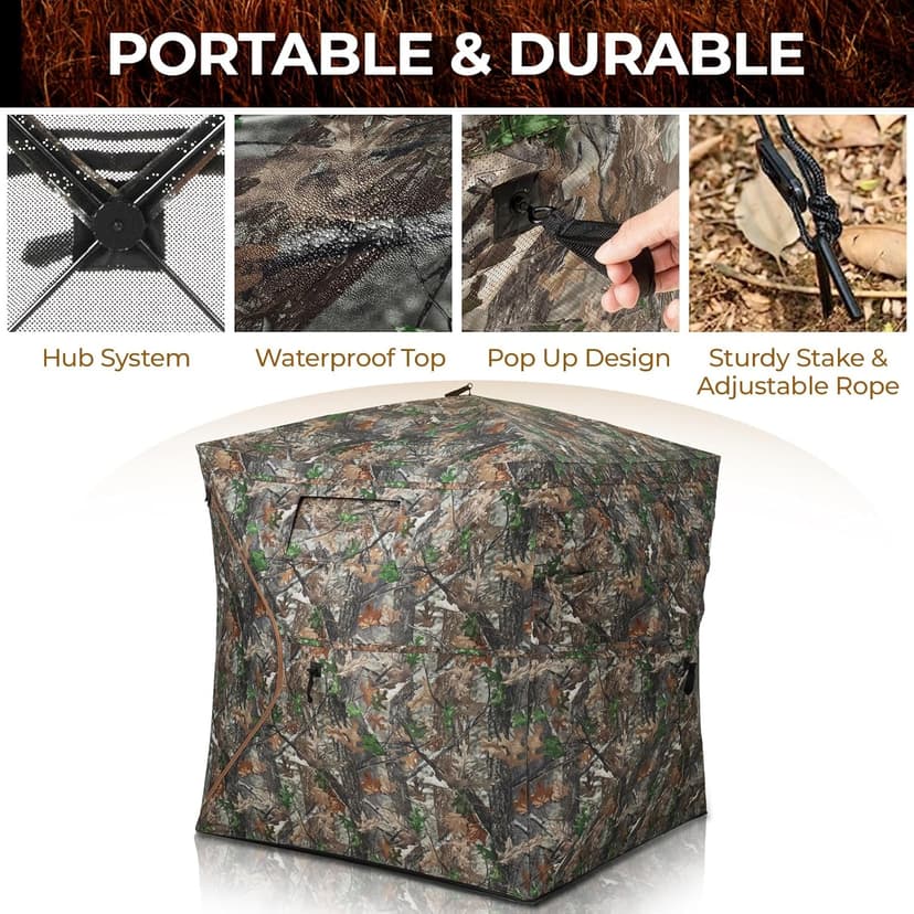 HUNTSEN Hunting Blind 270 Degree See Through Ground Blind - 2-3 & 3-4 Person Pop Up Deer Blind for Hunting with Carrying Bag - 300D Reinforced Portable Durable Blind for Turkey and Deer
