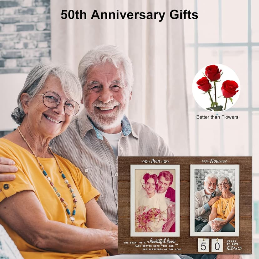 Then & Now Anniversary Picture Frame, 1-99 Years Wedding Gift Ideas - Anniversary Wood Photo Frame, Engagement Bridal Shower Gifts with Sentimental Quote - Holds 2 4x6 Inches Photos (Then & Now)