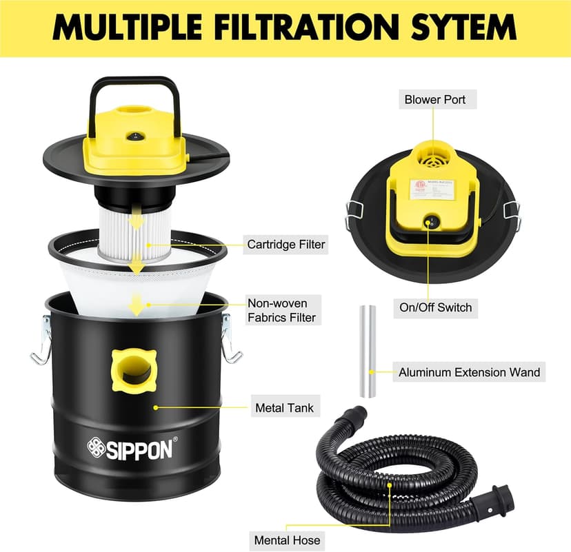 SIPPON Ash Vacuum Cleaner, Pellet Stove Vacuum Cleaner with Blower Function, 800W Powerful Suction 2.6 Gallon All-in-One Ash Vacuum for Fireplaces, Pellet Stoves