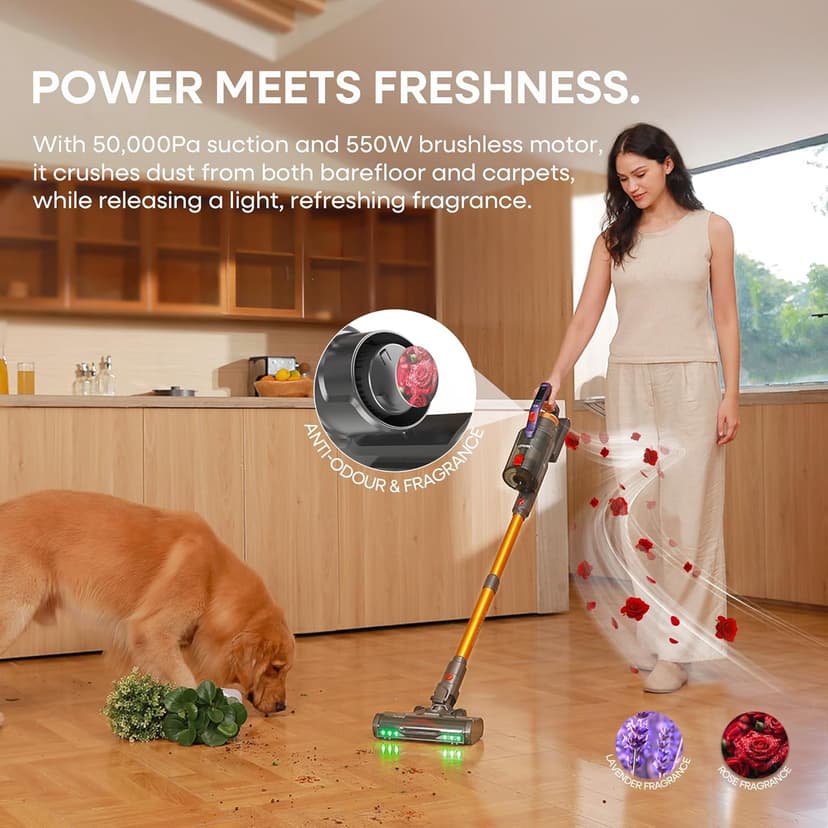 KIPMAX Cordless Vacuum Cleaner, 50KPa 550W Stick Vacuum for Home, 70Mins Anti-Tangled Vacuum Cleaner for Pet Hair/Carpet/Floor, Self-Standing Vacuum with Rechargeable Battery, LED Display&Aromatherapy