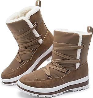 Rominz Women's Winter Snow Boots - Waterproof Black Fur Lined Warm Mid Calf Non-Slip Ankle Boots - White Lace-Up Platform