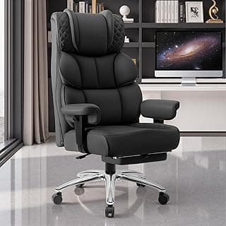 BestGlory Office Desk Chair, Big and Tall Leather Gaming Chair with Footrest, Wide Ergonomic Comfy Executive High-Back Reclining Computer Chairs, Swivel Rolling Wheels and Padded Lumbar Support, Black
