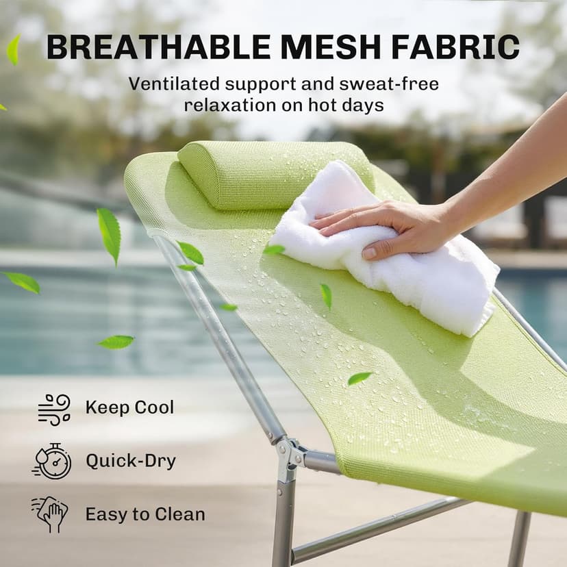Outsunny Folding Chaise Lounge Pool Chairs, Outdoor Sun Tanning Chairs with Pillow, Reclining Back, Steel Frame & Breathable Mesh for Beach, Yard, Patio, Green