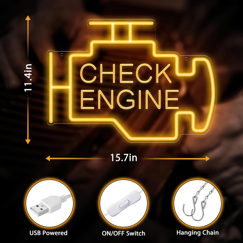 Kavaas Check Engine Neon Sign, LED Garage Sign for Car Room Decor | Check Engine Light Neon Sign for Garage Decor, Auto Repair Workshop, Man Cave - Best Gifts for Dad, Car Enthusiast (Golden Yellow) B0D372TXF5