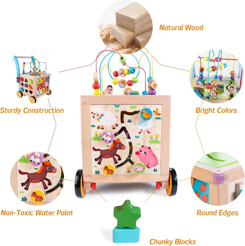 Wooden Baby Walker | Baby Push Walker with 9-in-1 Activity Cube, Sit to Stand Learning Walker Toy with Wheels for Boys Girls, Montessori Activity Center Walker, Adjustable Speed & Height