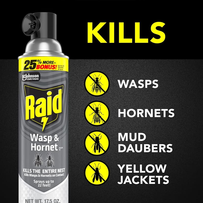Raid Wasp & Hornet Killer Spray, Kills the Entire Nest, For Paper Wasps, Yellow Jackets, Mud Daubers, and more, 17.5 oz